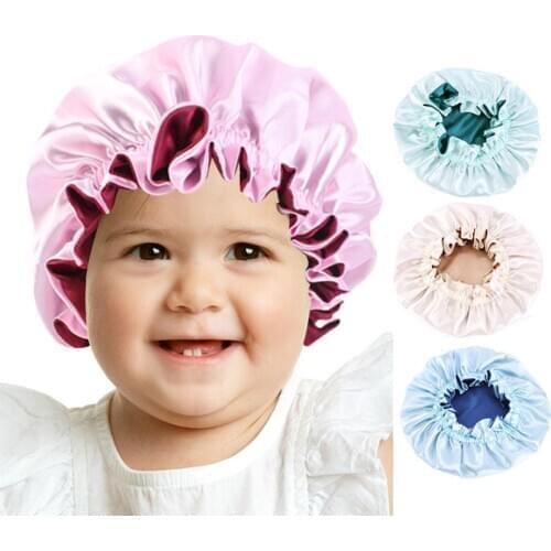 New Kids Soft Reversible Bonnet Candy Color Satin Silky Bonnet Double Layer Night Sleep Cap Children Head Wrap Hair Accessories