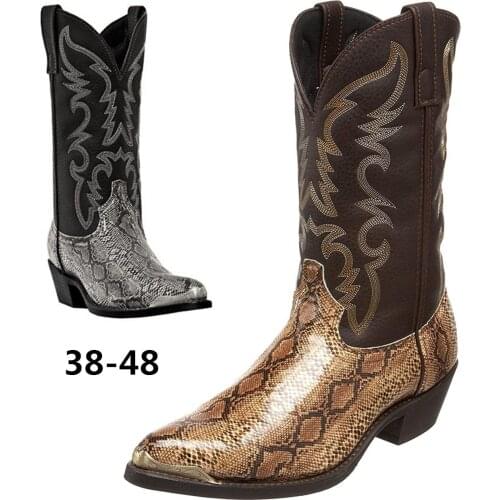 Autumn And Winter New High-Heeled Iron Head Western Cowboy Boots Couples38-48Printed Snake Print Mid-Tube Boots For Men andWomen