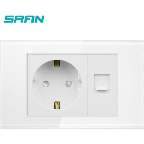 SRAN Telephone and EU socket,white pearl crystal glass panel 118mm*72mm,wall power socket with Tel rj11 interface