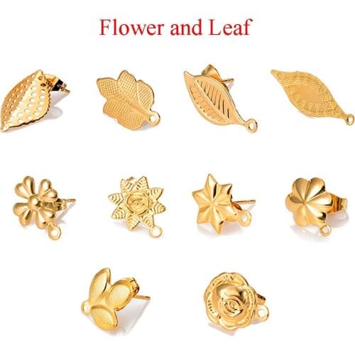 10pcs/lot Stainless Steel Rose Flower and Leaves Eearrings Post Connector Gold Plated DIY Jewelry Making Findings Accessorie