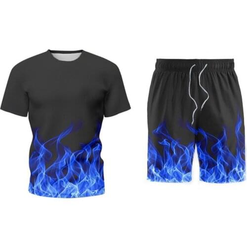 Men Tracksuit Sports Outfit 3D Digital Print Men Tracksuit Drawstring Two Piece Flame Print T-Shirt Shorts Suit Men Tracksuit