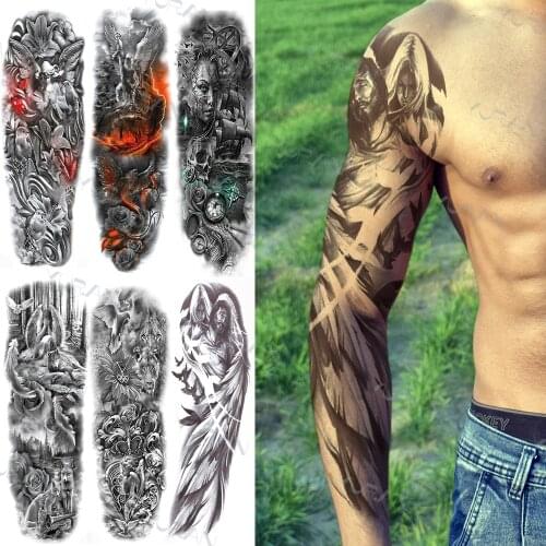 Full Sleeve Temporary Tattoos Sticker For Men Women Angel Military Skull Tattoo Fake Waterproof Large Tatoos Covers Up Tools