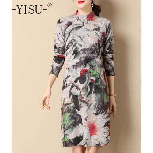 YISU Winter Women Dresses Half turtleneck Knitted pullover Dress Long sleeve Bird Printing Warm Jumper Dresses Fashion Dress