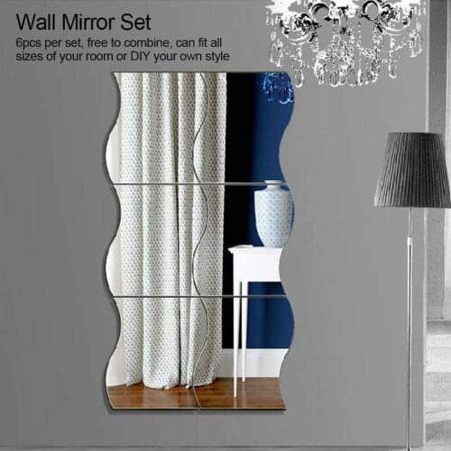 6Pcs/lot 3D Mirror Wall Sticker Silver Waves Shape Removable Wall Stickers with Self-adhesive for Living Room Decoration