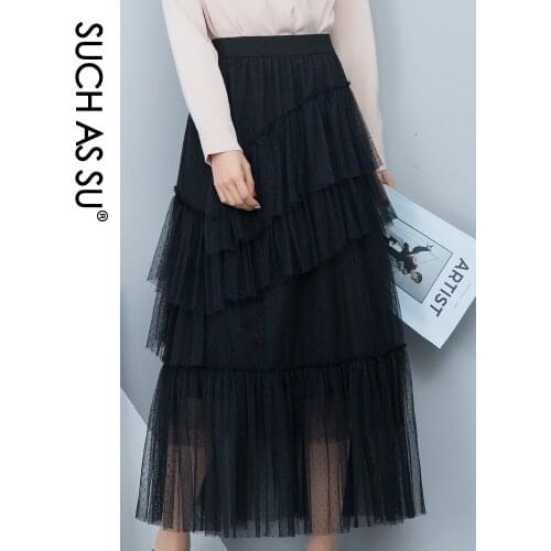 New 2020 Spring Summer Japan Style Mesh Stitching Ruffles Skirts Womens 3 Color High Waist Pleated Skirts Ladies Long Skirts