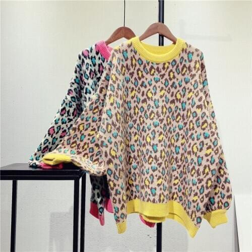 2020 Women Autumn O-Neck Sweater Puff Long Sleeve Women Warm Thick Sweater Leopard Print Winter Women Pullovers Pull Femme