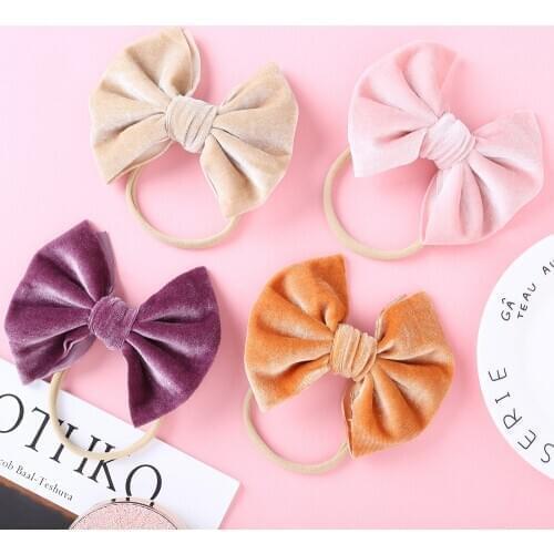 Bulk 38pc/lot New 4" Smooth Velvet Handtied Bows With Thin Nylon Headband Or Clips For Girls Kids Velvet Turban Hair Accessories
