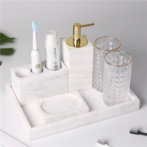 Bathroom Accessories Set Marble Soap Dispensers Toothbrush Holder Gargle Cups Soap Dish With Tray 5-6 Pieces Set Wedding Gifts
