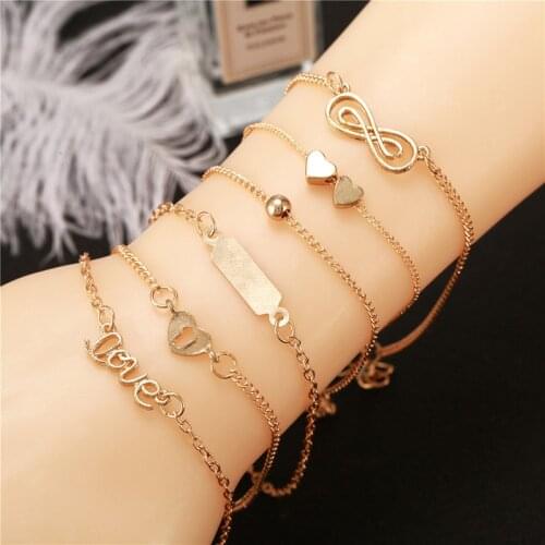 5pcs/set Heart Letter Love Crystal Beads Chain Multilayer Pendant Gold Bracelet Set Charm Girl Jewelry Gift