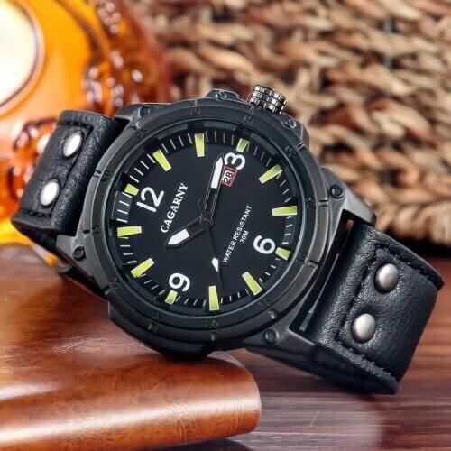 Luxury Brand Cagarny Men Quartz Watch Men Fashion Mens Watches Genuine Leather Watchband Date Sport Military Reloj Hombre New
