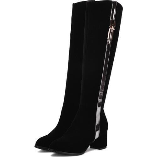 Elegant Striped Matte Velvet British Fashion Black Suede Shoes Womens Thick Heel Platform Knee High Boots