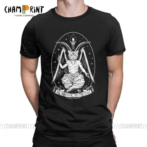 Cat Baphomeow T Shirts for Men Pure Cotton Funny Devil T-Shirt Crewneck Satam Baphomet Tees Short Sleeve Demon Clothes Summer