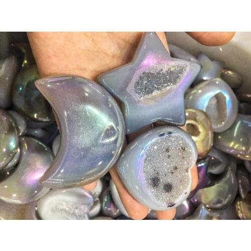Electroplated natural crystal agate carved hearts and moon star crystal holes for ornaments