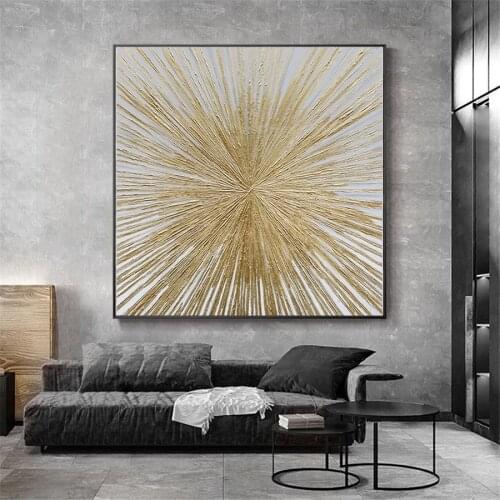 Handmade Concave Textured Oil Painting On Canvas Gold Lines Wall Art Abstract Brilliant Golden Sunshine Picture For Home Office