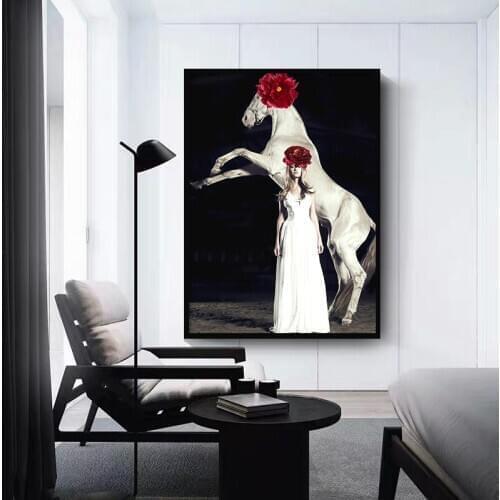 Nordic Picture Modern White Horse Red Flower Sex Lady Canvas Painting Print Poster For Living Room Bedroom Wall Art Home Decor