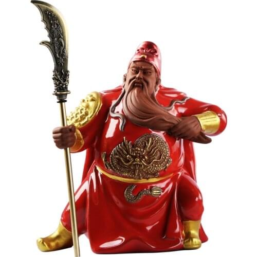 Ceramic Guan Gong Lucky Statue， God of War Guan Character hand-painted Sculpture ，Home living room loft decoration statue