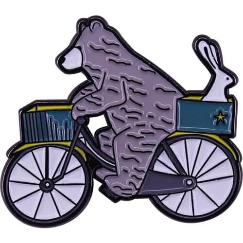 Catherine-Redgate bear on a bike Brooch Funny Bicycle taking bunny Enamel Pin Animal Riding Badge Accessory