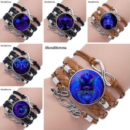 Mendittorosa New Arrival Glass Statement Women Round Multilayer Black/Brown Leather Bracelet Bangle 12 Constellation