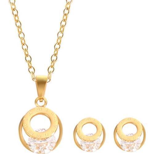 Stainless Steel Crystal Round Jewelry Sets Gold Color Roman Numerals Necklaces&Earrings Elegant Bridal Female Gift