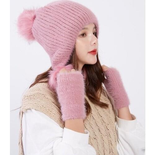 NEW Winter Beanie Hat Scarf Set For Women Knitted Outdoor Warm Scarf Hat Touch Screen Gloves Sets Skullies Beanies Hat