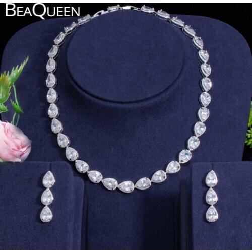 BeaQueen Stunning Full Cubic Zirconia Water Drop Earrings Choker Necklace Wedding Jewelry Set for Brides Bridesmaids JS056