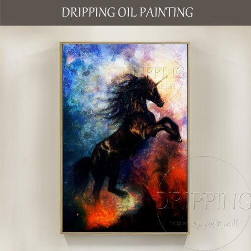 Top Artist Hand-painted High Quality Black Unicorn Oil Painting on Canvas High Quality Unique Horse Black Unicorn Oil Painting