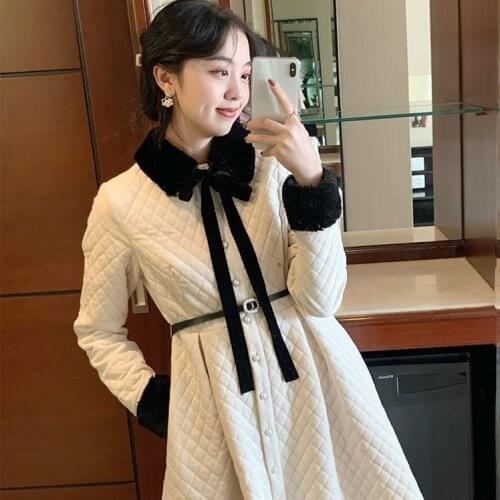 Hstar Plush Dress 2021 Autumn Winter Rhombus Quilted French Style Retro Waist-Controlled Mid-Length Elegant for Women Fashion