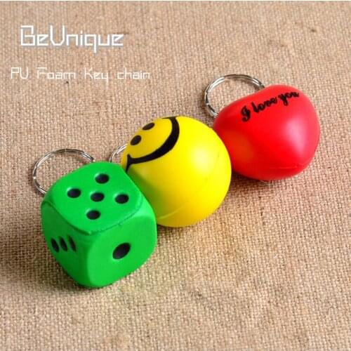 Variety Designs Soft PU Foam key chain Smiling face Game dice Heart shape squishy toy ball charm creative Mobile Chain key ring