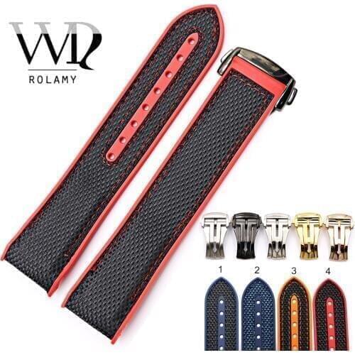 Rolamy 20 22mm Wholesale Rubber Silicone With Nylon Replacement Watch Band Strap For Planet Ocean 45 42mm With Clasp