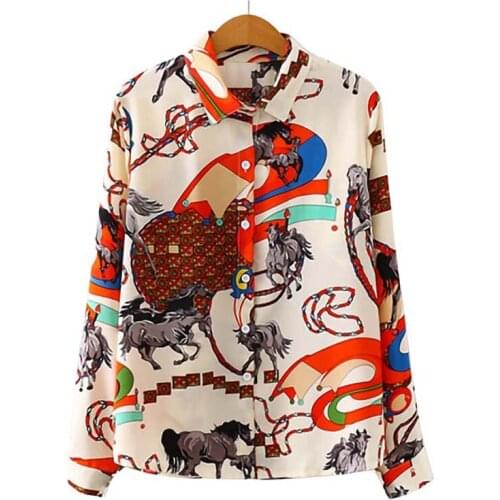 Printed Long Sleeve Casual Women Blouse Spring Fashion Turn-down Collarl Plus Size Retro Ladies Street Shirt Slim Oversized Tops