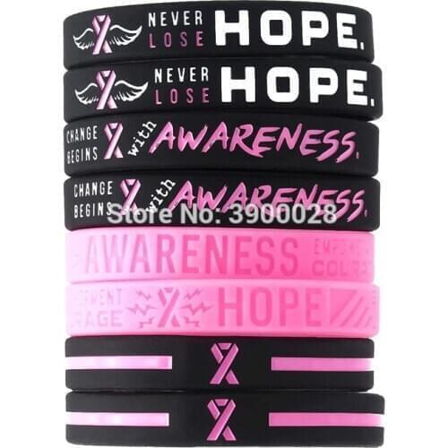100pcs Pink Hope Breast Cancer Awareness silicone wristband bracelet free shipping