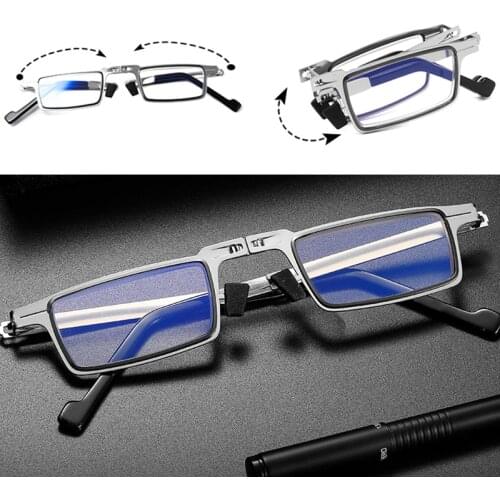 Foldable Square Mini Reading Glasses Men Fashion Lightweight Presbyopic Glasses Clear Anti Blue Light metal Full frame with case