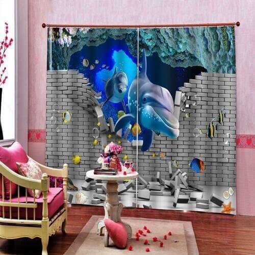 Novelty 3D Dolphin Swimming from Brick Window Door Curtain Funny Sea Animal Underwater Dolphins Childrens room Window Drapes