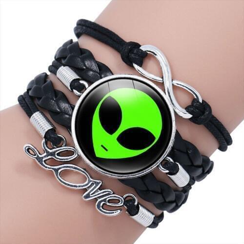 Green Alien Leather Bracelet Multilayer Glass Cabochon Bangle Bracelets Handmade Childrens Gifts