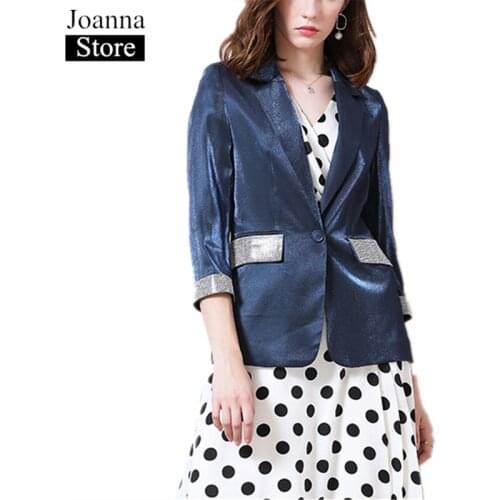 Spring New Splice Short Shining Jackets Women Lapel Seven Points Sleeve Diamond Beads Blazer Slim Wild Plus Size Clothes female
