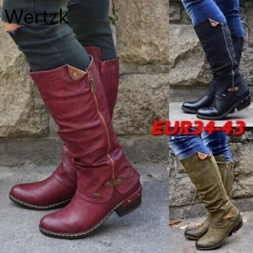 2002 Women Boots Western Cowboy knee-high Punk Low Thick Heel Side Zipper Female Ladies Shoes Winter Shoes Winter Boots Women