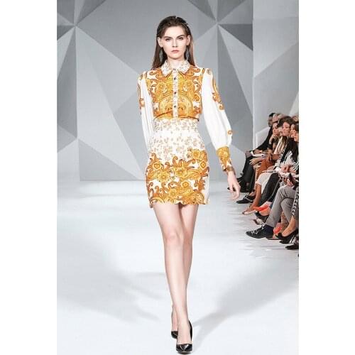 Women High Quality Runway Print Designer Ladies Spring Long Sleeve Shirt and Mini Skirt 2 Two Piece Set Outfits Clothes