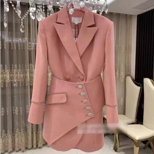 Qian Han Zi Office Fashion double-breasted long blazer Suit Slim coat Crystal button A-line mini skirt Pink diamond 2-piece set