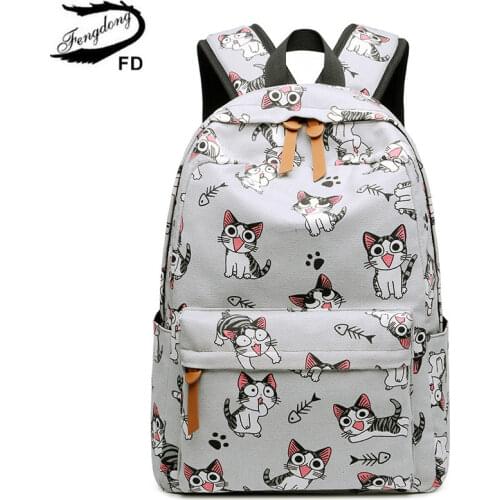 Fengdong school bags for teenage girls schoolbag children backpacks cute animal print canvas school backpack kids cat bag pack