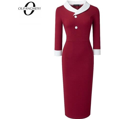 Women V Neck Buttons Classic Patchwork Elegant Designed Fashion Charming Slim Pencil Dress EB603