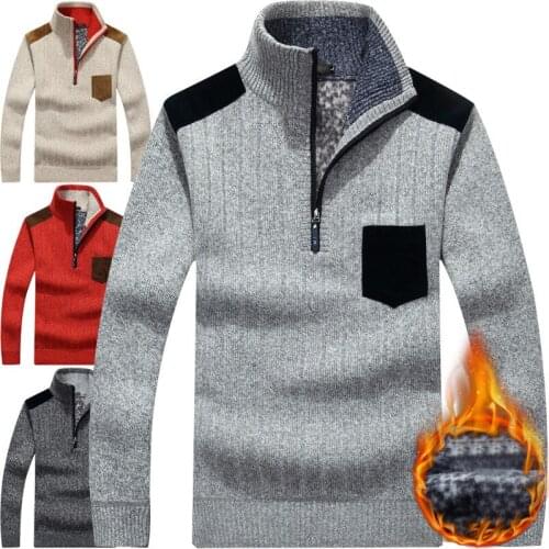 Winter Pullover Mens Sweater Plus Velvet Half Zipper Sweater Thicken Warm Stand Collar Loose Sweater Homme Men Clothes