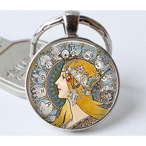 Art Nouveau Zodiac Keychain Jewelry Mucha Art La Plume Keyring Astrology Retro Gift Astrologers Cabochon Key Chain Ring