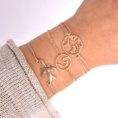 3 Piece Bohemia Boho Women Girl Lady Female Gold Color Charm Airplane Bracelet, Earth Map Bracelet, Wave Bracelet