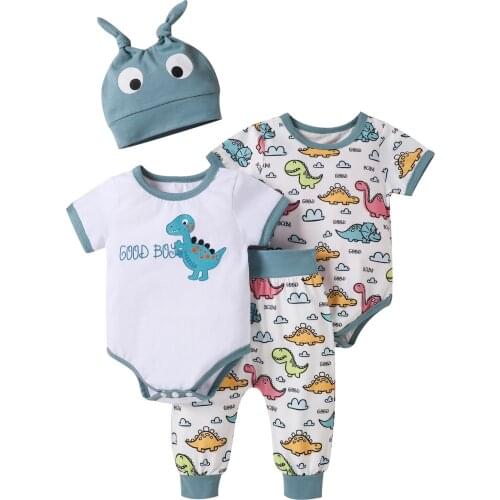 New 4Pcs Baby Summer Outfit, Two Cartoon Dinosaur Print Short Sleeves Rompers + Pants + Hat for Toddlers, 0-24 Months