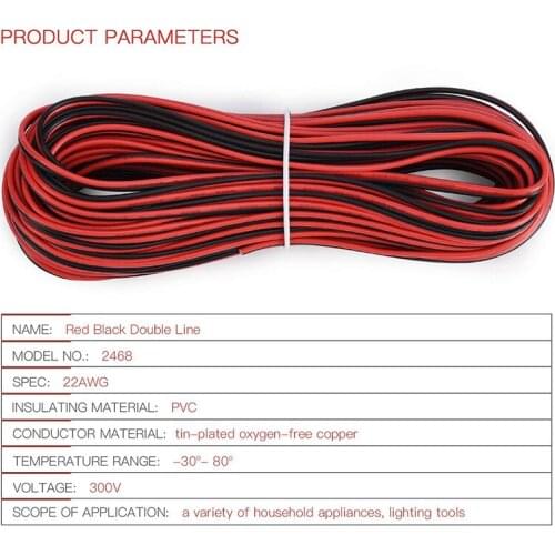 5 Meter Black +5 Meter Red 22 AWG Silicone Electrical Wire UL1007 22AWG 2Pin PVC Insulated Tinned Copper LED DIY Extension Cable