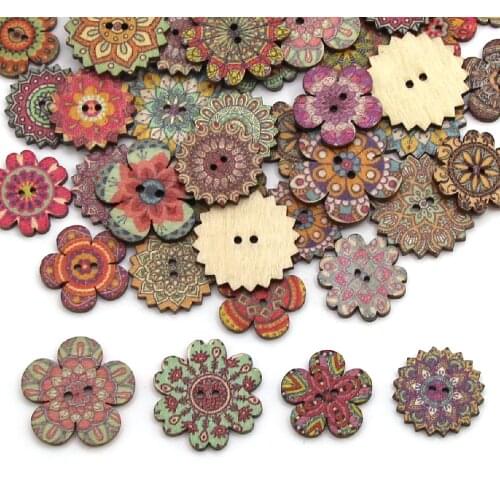 50Pcs Mixed Flower Buttons Mandala Wooden Button 2-Holes Decorative Button For Clothes Sewing Accessories DIY Scrapbooking Craft