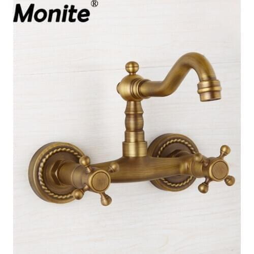 Monite Antique Brass Swivel Wall Mounted Basin Sink Faucet Bathroom Bathtub Shower 2 Handles Tap Mixer Faucet