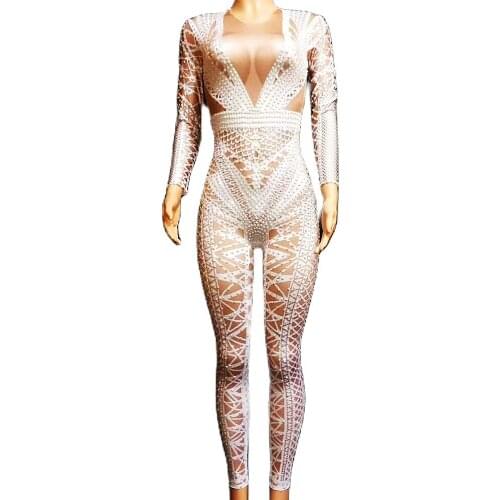 White Rhinestones Plaid Pattern Printing Jumpsuit Backless Long Sleeve Leotard Personality Performance Costume Ladies Dance Wear