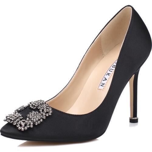 Free shipping fashion sexy diamond wedding silk stain pumps big size classic heels, female 10cm diamond buckle party pumps 34-43