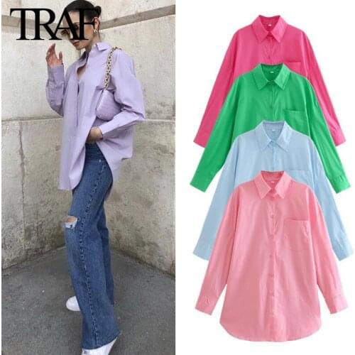 Traf Za Women Clothes Street Fashion Long Sleeve Blouse Pink Green Button Up Shirt Loose Chic Ladies Tops Mujer